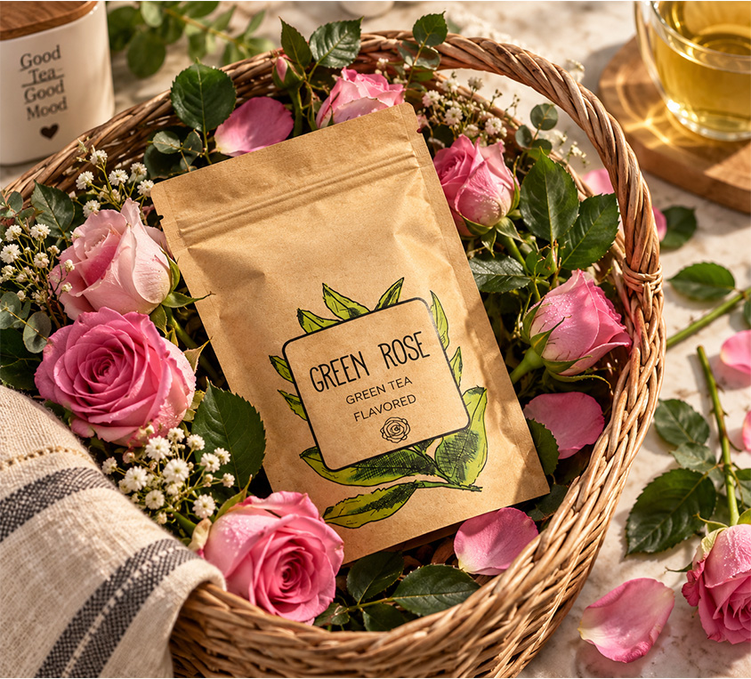 Green Rose Leo Tea – zielona herbata z płatkami róży w opakowaniu doypack